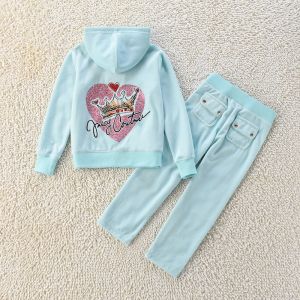 Juicy Couture Love Heart Crown Velour Tracksuits 8406 2pcs Baby Suits Sky Blue