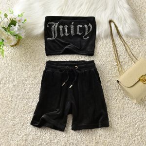 Juicy Couture Studded Juicy Logo Velour Tracksuits 7395 2pcs Women Suits Black